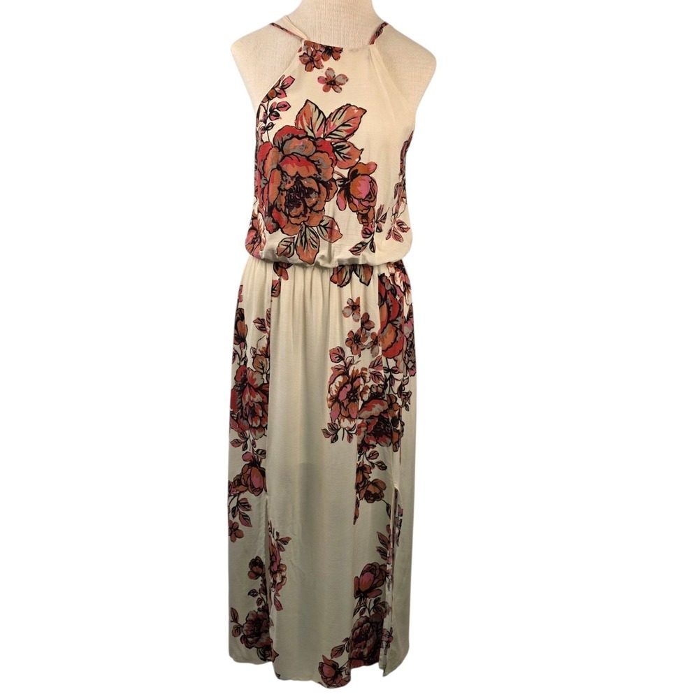 Hummingbird Women's Floral Maxi Dress Small Flowy Slit Back Tie Spaghetti Straps